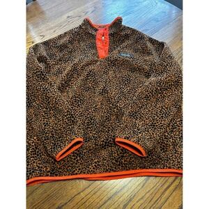 Lands End Womens XL Leopard Print Fleece Snap Pullover Sweatshirt Orange Trim